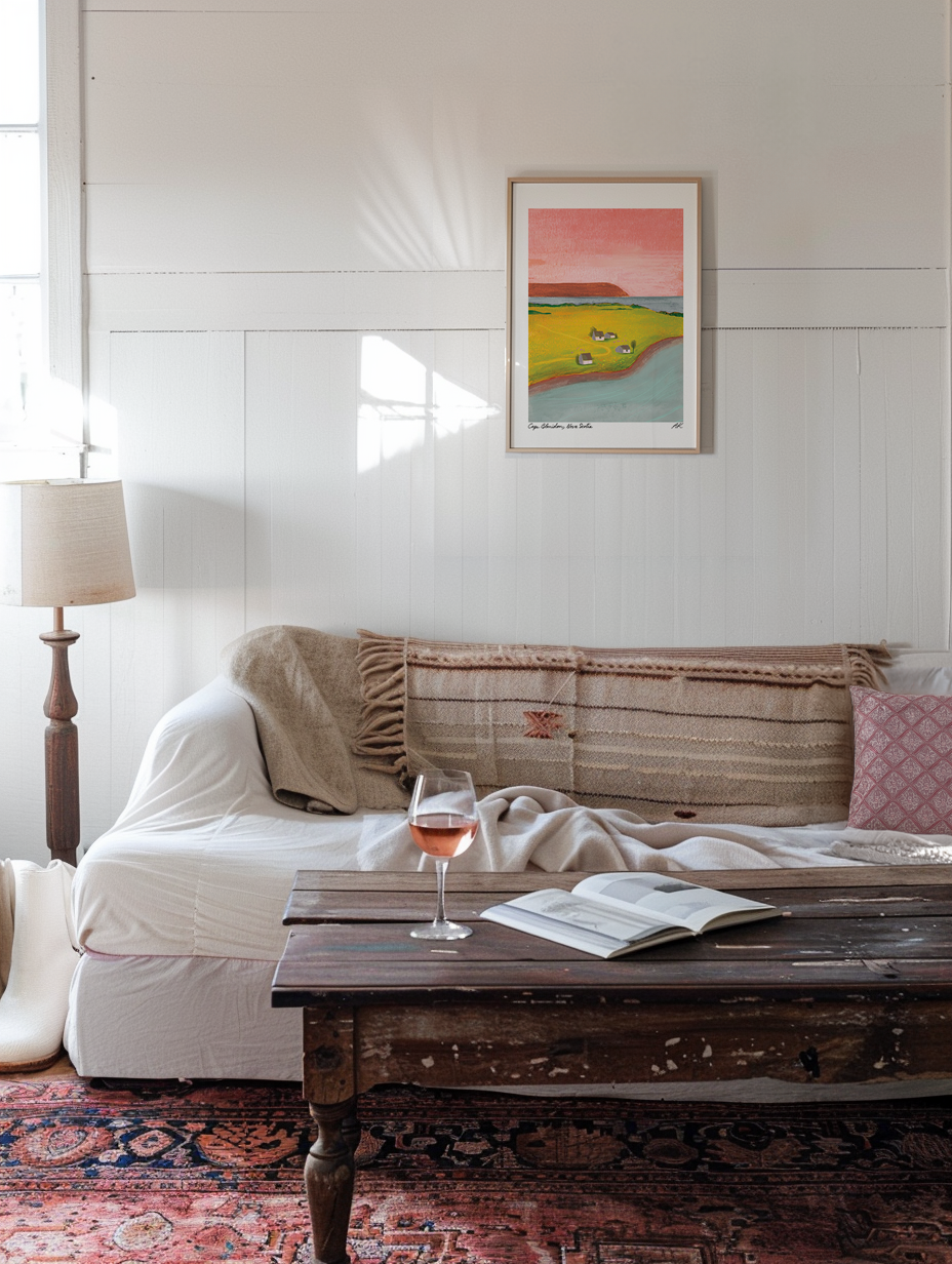 A bohemian white living room with white painted wooden walls features the Wild Rock Rosé print in a light wooden frame. The couch looks inviting with natural textures of blankets and a cotton cover. A glass of rosé sits on the shabby chic coffee table.