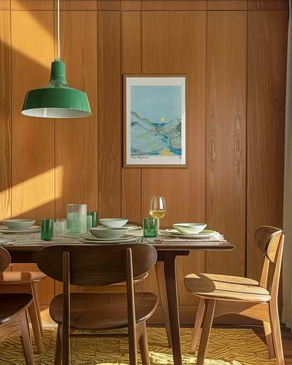 A funky mid century modern dining room has a table set for dinner featuring green glasses and a glass of white wine. On the wood panelled walls, the White Rock White print is framed in a medium wood frame.